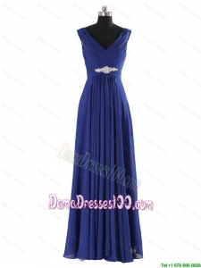 Simple V Neck Beading and Ruching Long Dama Dresses for 2016 Autumn