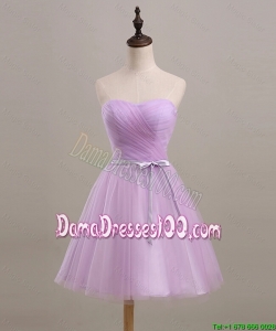Pretty Ruching and Belt Short Dama Dresses in Lilac for 2016