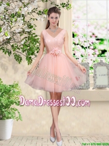 Decent V Neck Baby Pink Bridesmaid Dresses with Hand Made Flowers