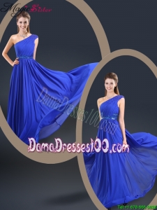 Cheap 2016 One Shoulder Blue Dama Dresses with Belt