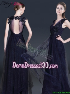 Fashionable V Neck Paillette Dama Dresses in Navy Blue