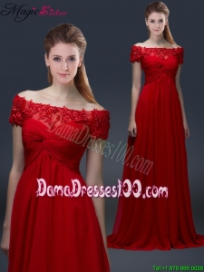 Simple Off the Shoulder Short Sleeves Red Dama Dresses with Appliques