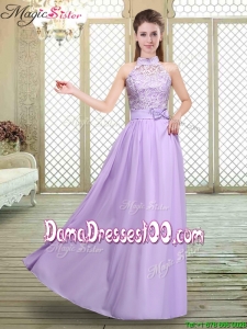 2016 Sweet High Neck Lace Lavender Long Dama Dresses
