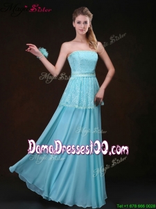 Affordable Strapless Floor Length Long Dama Dresses in Aqua Blue