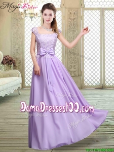 Fashionable Square Cap Sleeves Lavender Dama Dresses with Belt
