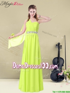 Lovely One Shoulder Belt Long Dama Dresses in Yellow Green