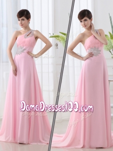 2016 Fashionable One Shoulder Brush Train Beading Baby Pink Dama Dress