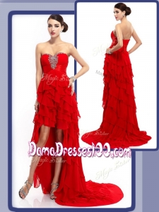 Cheap High Low Beading and Ruffled Layers Affordable Dama Dresses in Red