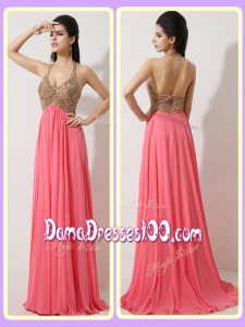 The Most Popular Halter Top Brush Train Watermelon Red Affordable Dama Dresses