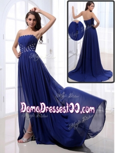 Elegant Brush Train Strapless Beading Beautiful Dama Dresses in Royal Blue
