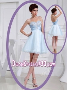 Discount Short Sweetheart Beading Junior Dama Dresses in Light Blue