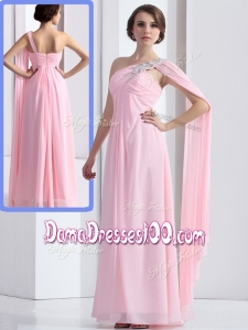 Elegant One Shoulder Baby Pink Junior Dama Dresses with Ruching and Beading