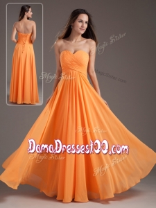 Inexpensive Sweetheart Ruching Orange Long Dama Dresses for Quinceanera