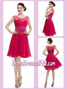Beautiful Short Scoop Cap Sleeves Wholesales Dama Dress with Beading and Ruching