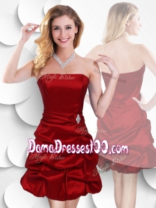 2016 Affordable Strapless Taffeta Wine Red Dama Dresses with Bubles