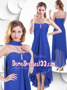2016 Simple Spaghetti Straps High Low Blue Dama Dresses with Beading