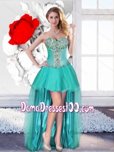 2016 Sweet Beaded Turquoise Dama Dresses with High Low