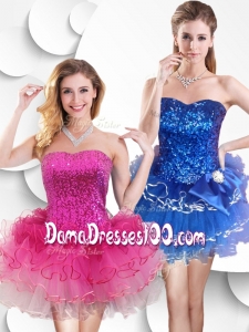 2016 Sweet Short Strapless Dama Dresses with Sequins and Ruffles