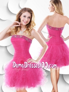 Affordable Strapless Hot Pink Dama Dresses with Beading and Ruffles