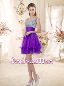 2016 Best Straps Short Purple Wholesales Dama Dress with Sequins