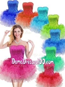 2016 Colorful Strapless Short Wholesales Dama Dress with Sequins and Ruffles