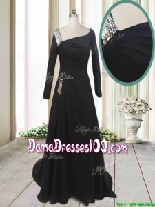 2017 Fashionable Asymmetrical Neck Brush Train Black Dama Dress with Long Sleeves