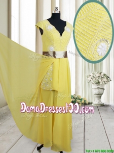2017 Popular Beaded and Belted V Neck Chiffon Yellow Dama Dress with Cap Sleeves