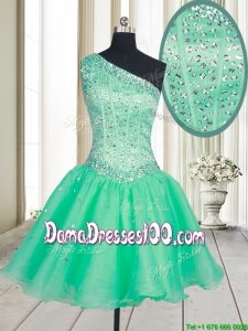 Visible Boning One Shoulder Beaded Bodice Organza Dama Dress in Turquoise