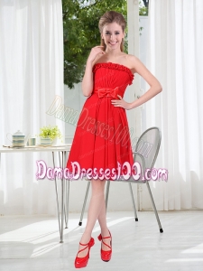 Wonderful Ruching Strapless Bowknot Dama Dress in Red