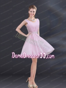 V Neck Beading 2015 Dama Dress with Ruching