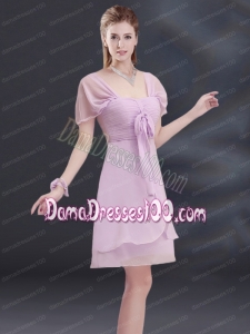 A Line Square Ruhing Dama Dress with Cap Sleeves