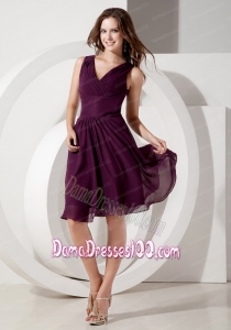Customize Dark Purple Dama Dress Empire V-neck Chiffon Beading Knee-length