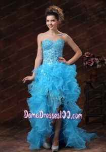 High-low Aqua Blue For 2015 Dama Dress With Beaded Bodice and Ruffles In Jefferson City