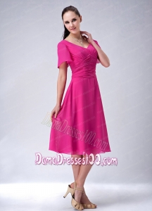 Hot Pink A-line / Princess V-neck Tea-length Chiffon Dama Dress