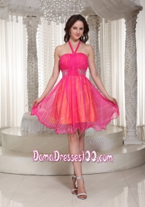 Hot Pink Halter Beaded Decorate Dama Dress With Organza