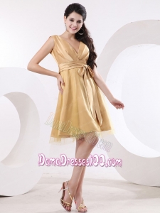 V-neck and Sash For Champagne Dama Dress With Tulle and Satin