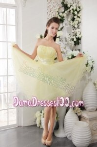 Light Yellow A-Line / Princess Strapless Mini-length Organza Beading Dama Dress