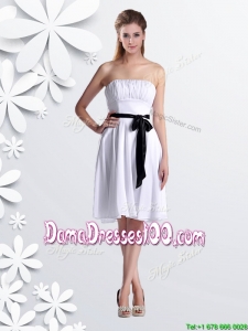Elegant Empire Strapless Ruched and Be-ribboned White Dama Dress in Chiffon