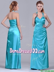 2016 Column Halter Top Elastic Woven Satin Aqua Blue Dama Dress with Ruching