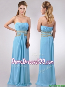 Discount Beaded Decorated Waist and Ruched Bodice Dama Dress in Aqua Blue
