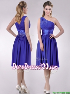 Elegant One Shoulder Chiffon Blue Dama Dress with Side Zipper