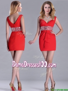 Hot Sale Beaded Decorated Waist V Neck Dama Dress in Red