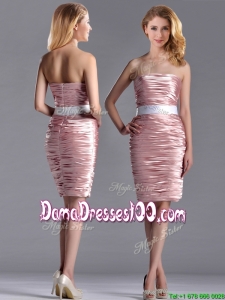 Lovely Column Peach Dama Dress with Ruching and White Belt