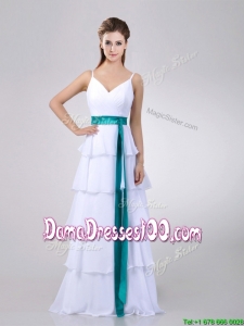Lovely White Dama Dress with Ruffled Layers and Turquoise Belt
