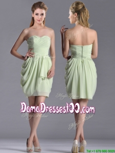 Popular Ruched Decorated Bodice Short Dama Dress in Yellow Green