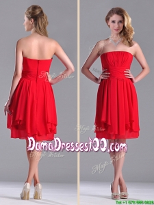 The Super Hot Strapless Empire Chiffon Ruched Dama Dress in Red