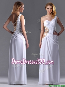 Beautiful Cut Out Waist One Shoulder White Dama Dress with Beading