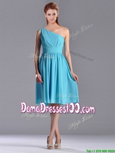 Discount Chiffon Baby Blue Knee Length Dama Dress with One Shoulder
