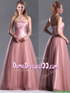 Elegant A Line Tulle Beaded Long Dama Dress in Peach