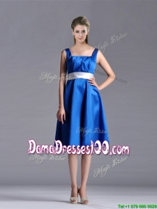 Exquisite Empire Square Taffeta Blue Dama Dress with White Belt
